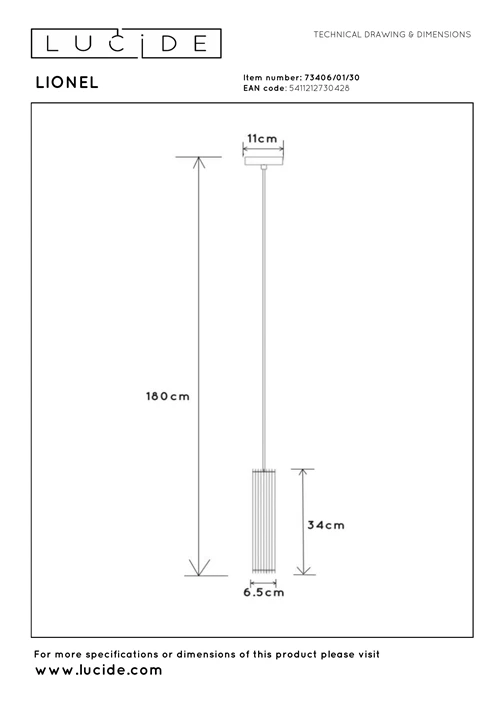Lucide LIONEL - Hanglamp - Ø 6,5 cm - 1xE27 - Zwart - technisch